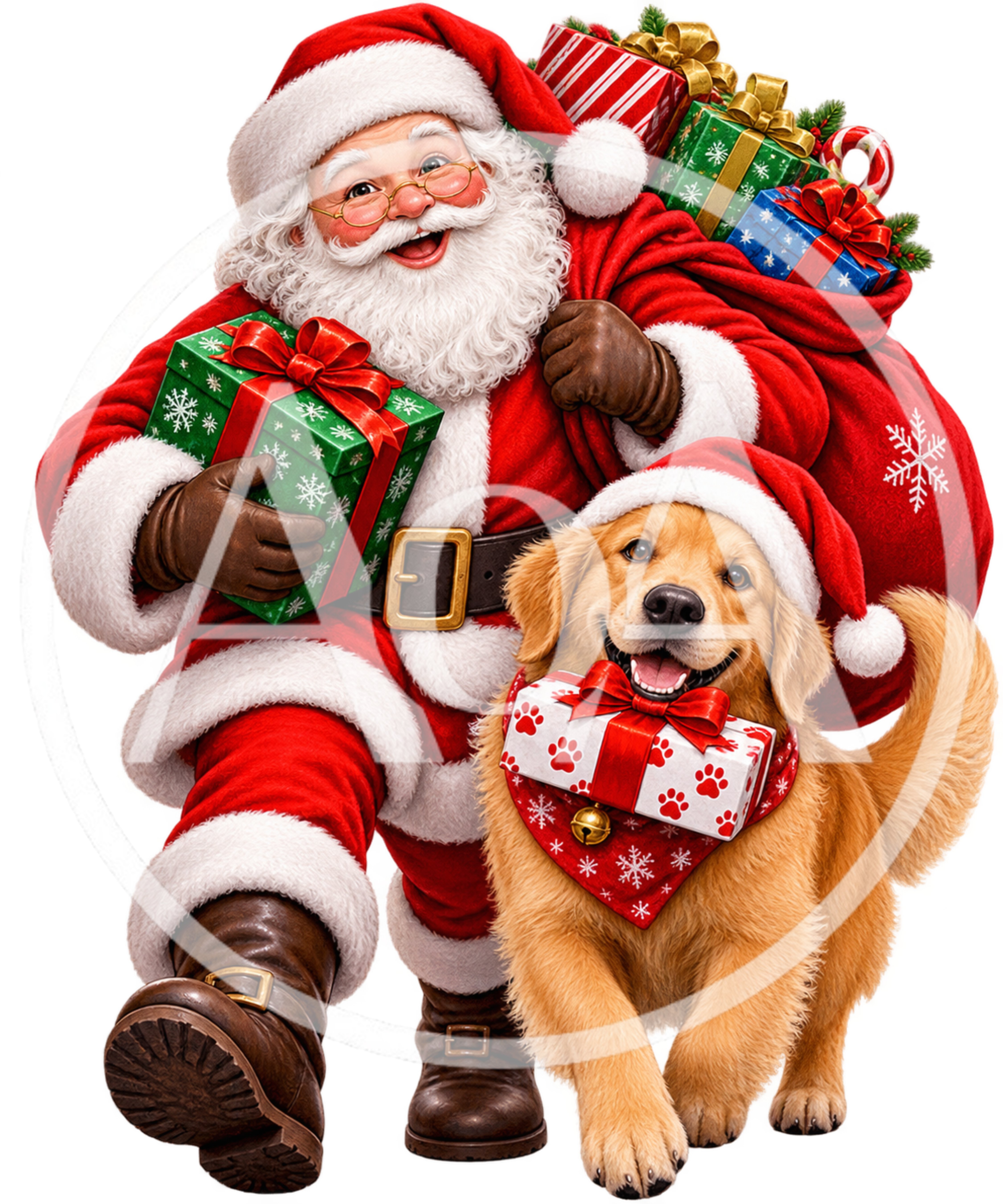 Santa Claus Walking With A Golden Retriever Puppy