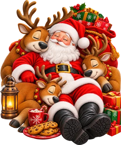 Santa Claus Sleeping With Reindeer And Christmas Gifts