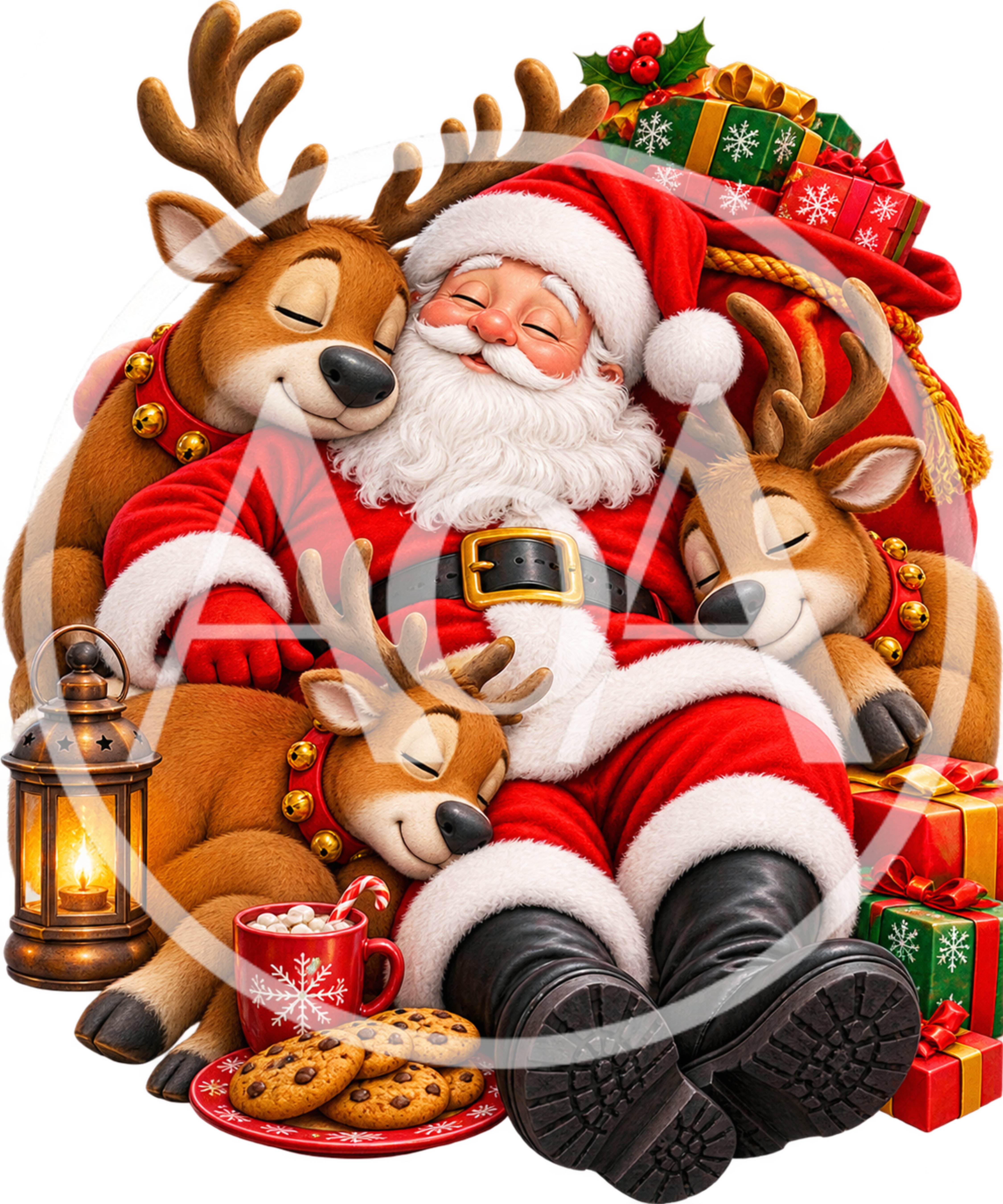 Santa Claus Sleeping With Reindeer And Christmas Gifts