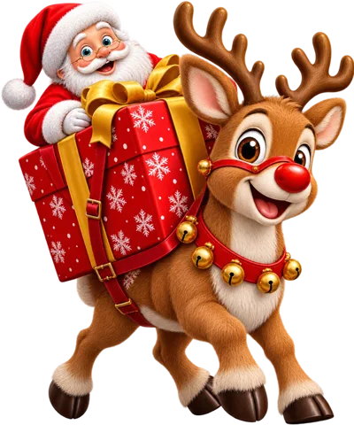 Santa Claus Riding A Reindeer With A Christmas Gift