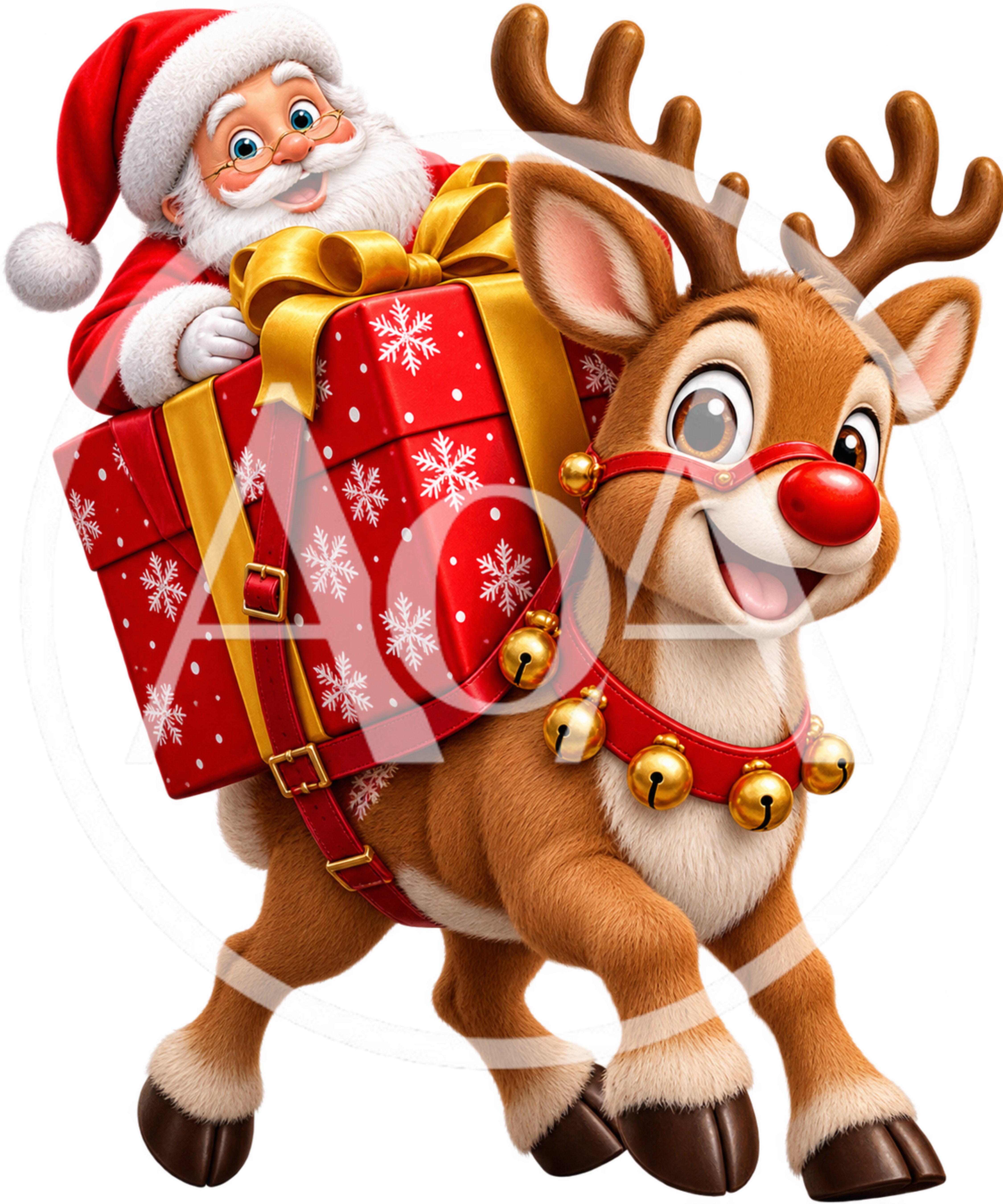 Santa Claus Riding A Reindeer With A Christmas Gift