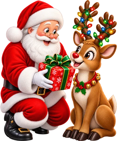 Santa Claus Giving A Christmas Gift To A Reindeer