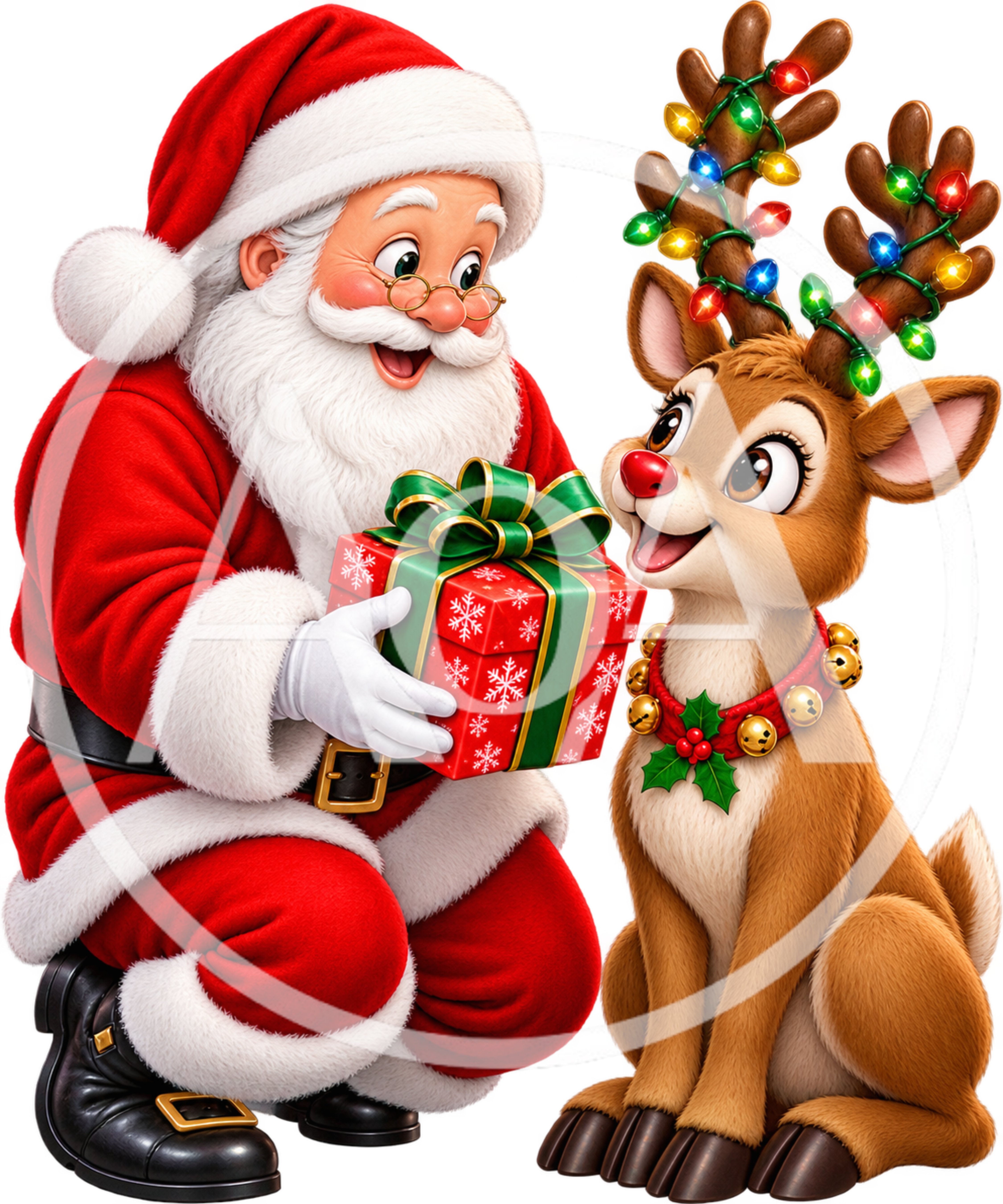 Santa Claus Giving A Christmas Gift To A Reindeer