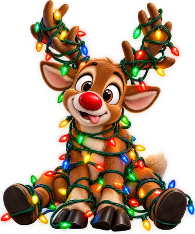 Cute Reindeer Tangled In Colorful Christmas Lights