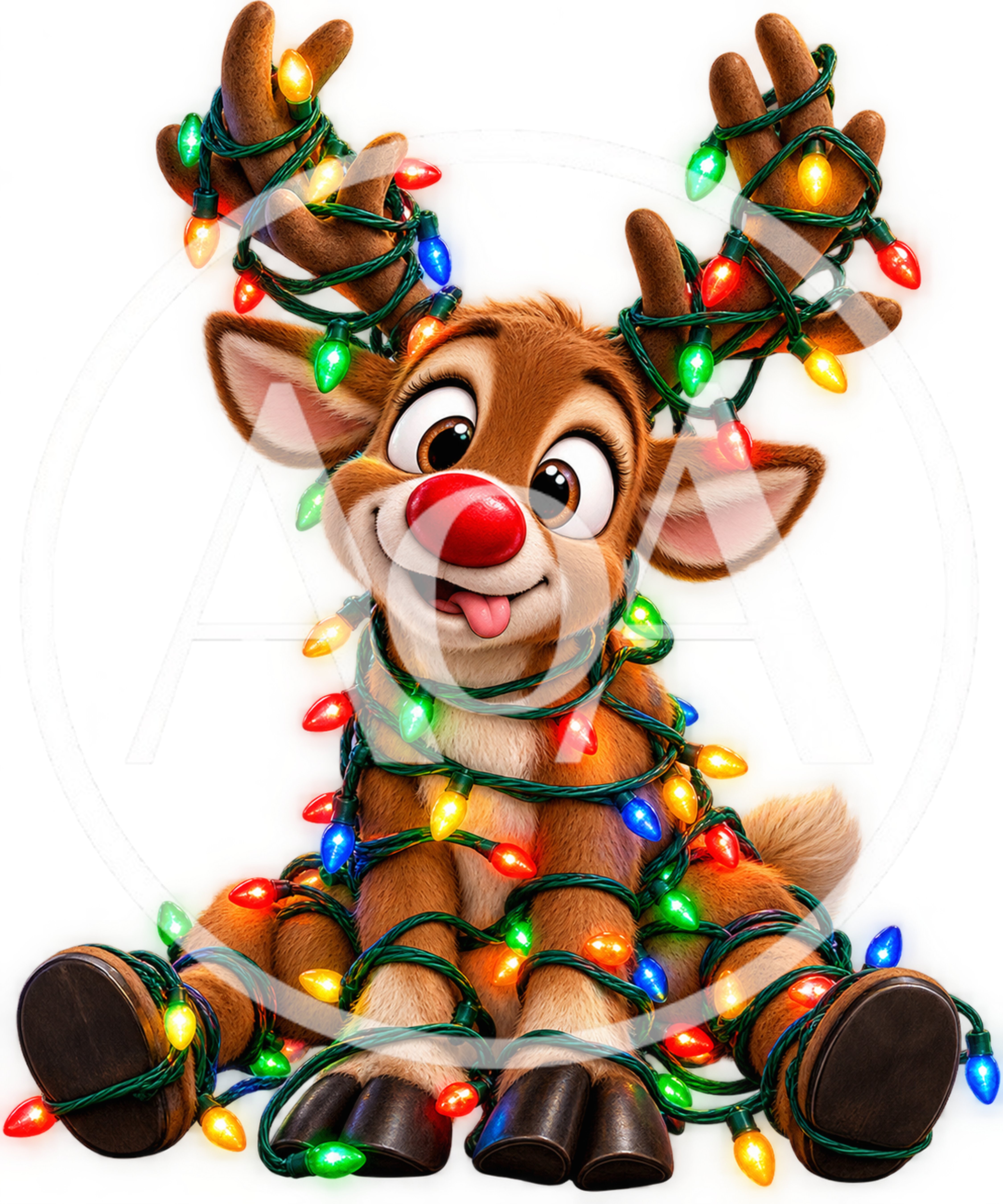 Cute Reindeer Tangled In Colorful Christmas Lights