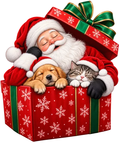 Santa Claus Sleeping With Puppy And Kitten In Gift Box