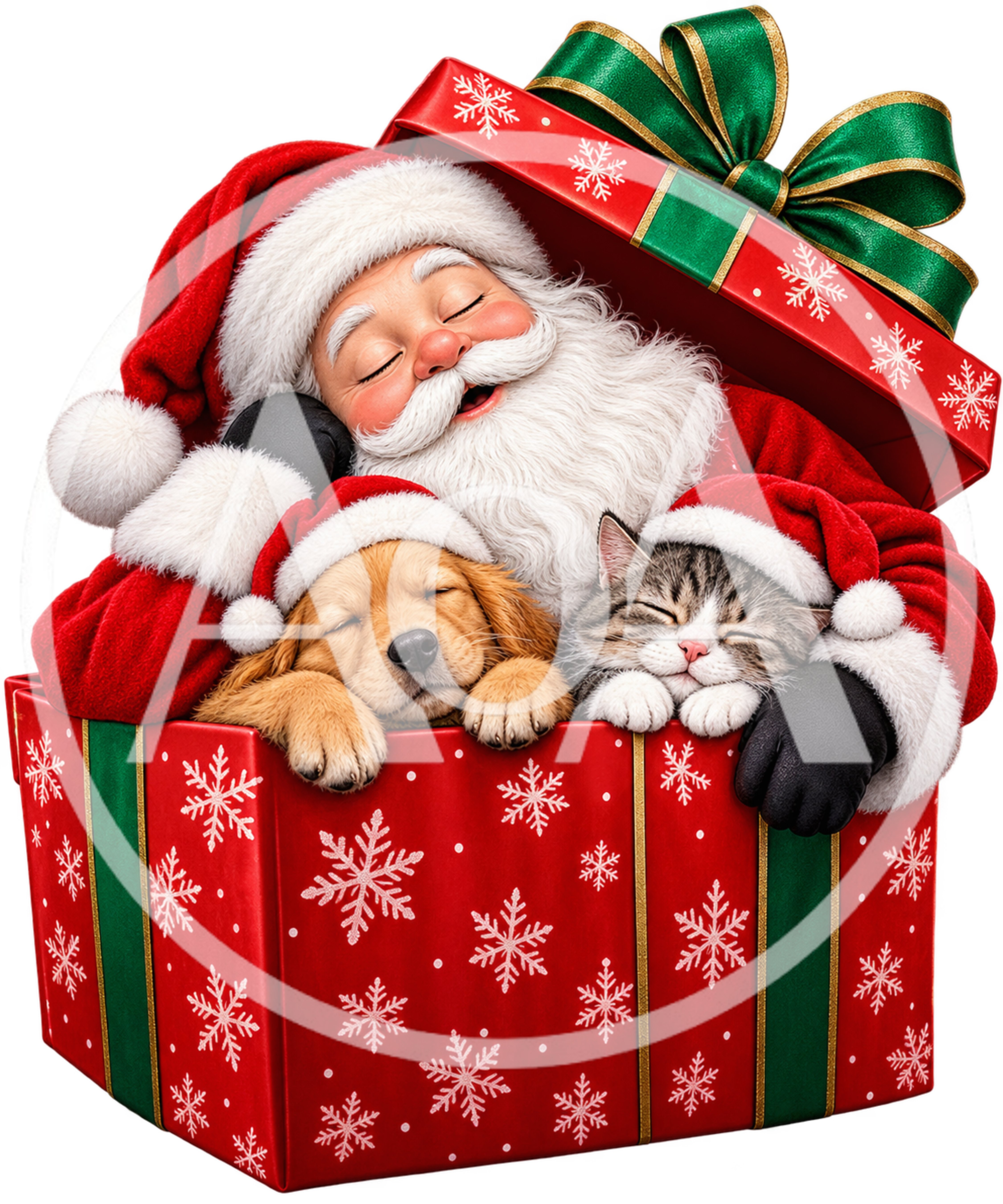 Santa Claus Sleeping With Puppy And Kitten In Gift Box