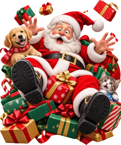 Santa Claus Sitting With Puppy And Kitten Surrounded By Gifts