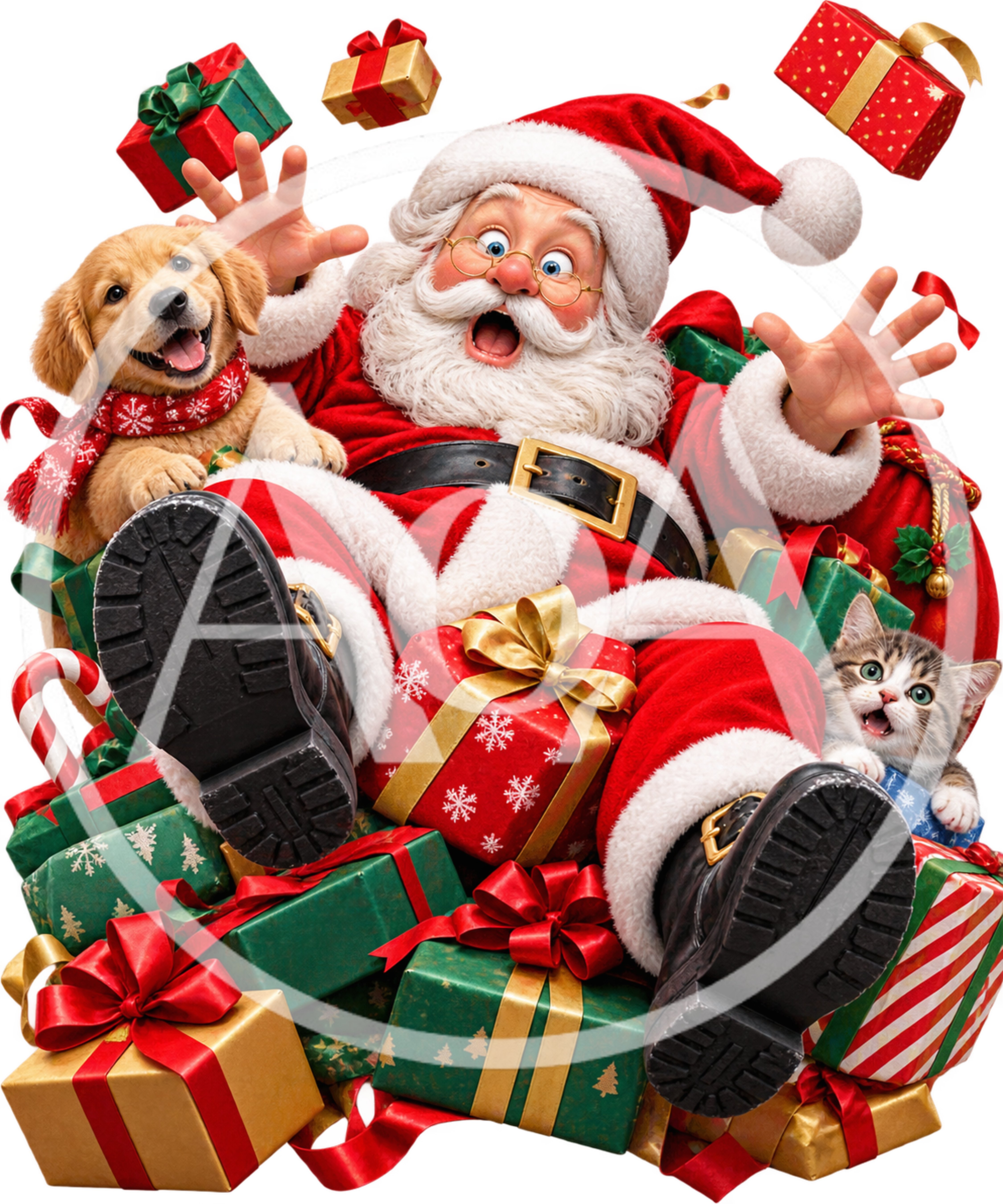 Santa Claus Sitting With Puppy And Kitten Surrounded By Gifts