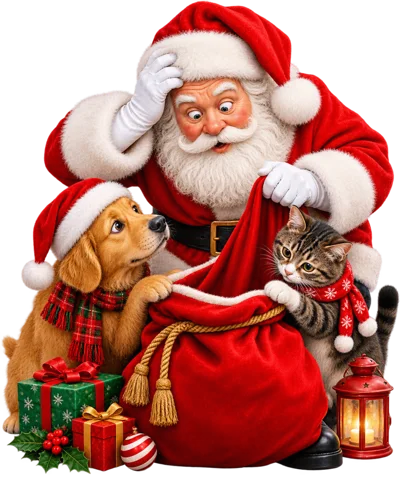 Santa Claus Looking Into Gift Bag With Dog And Cat