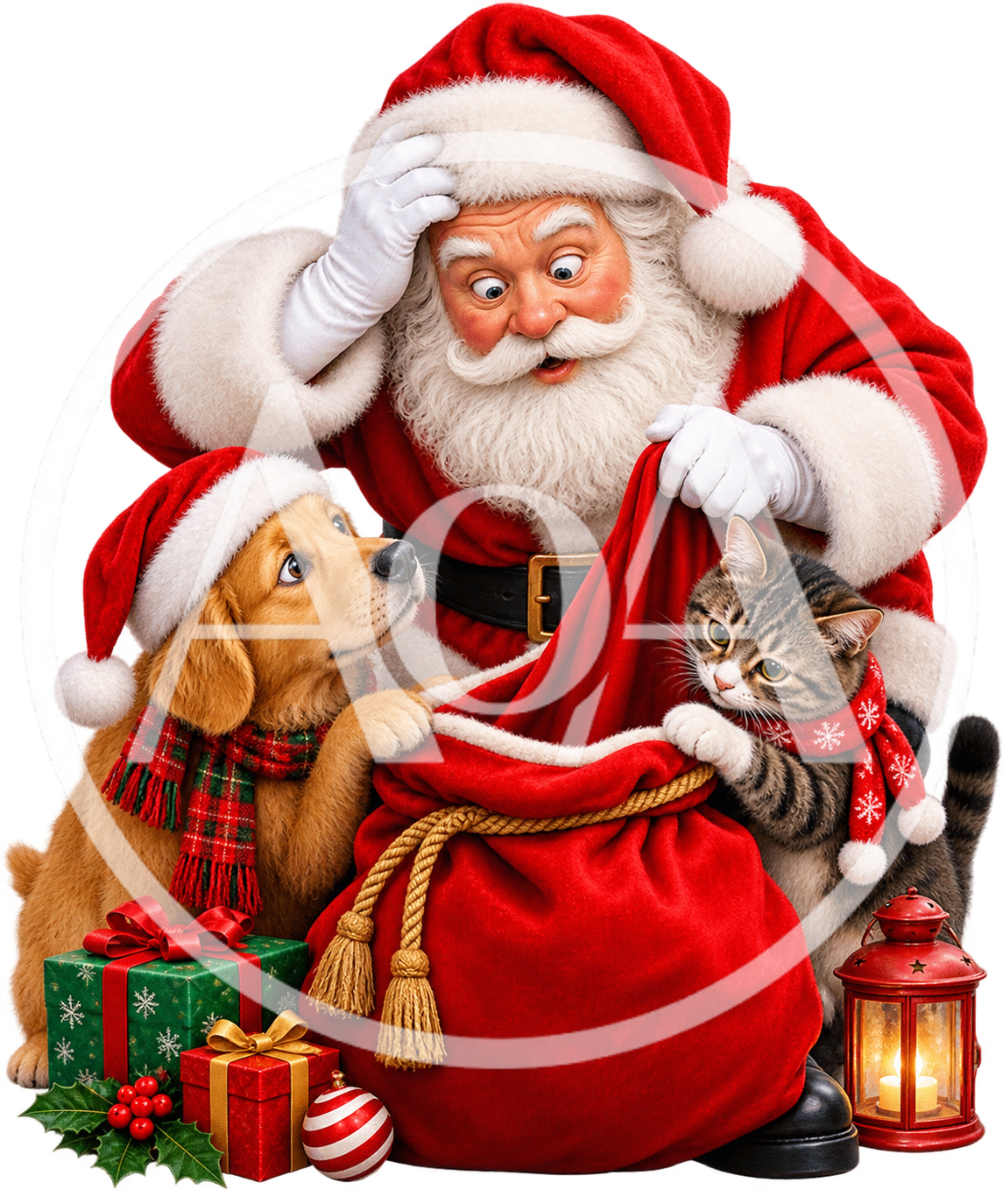 Santa Claus Looking Into Gift Bag With Dog And Cat