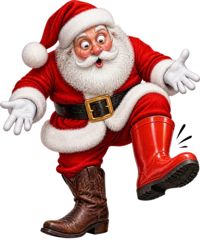 Surprised Santa Claus Wearing Mismatched Cowboy And Rain Boots