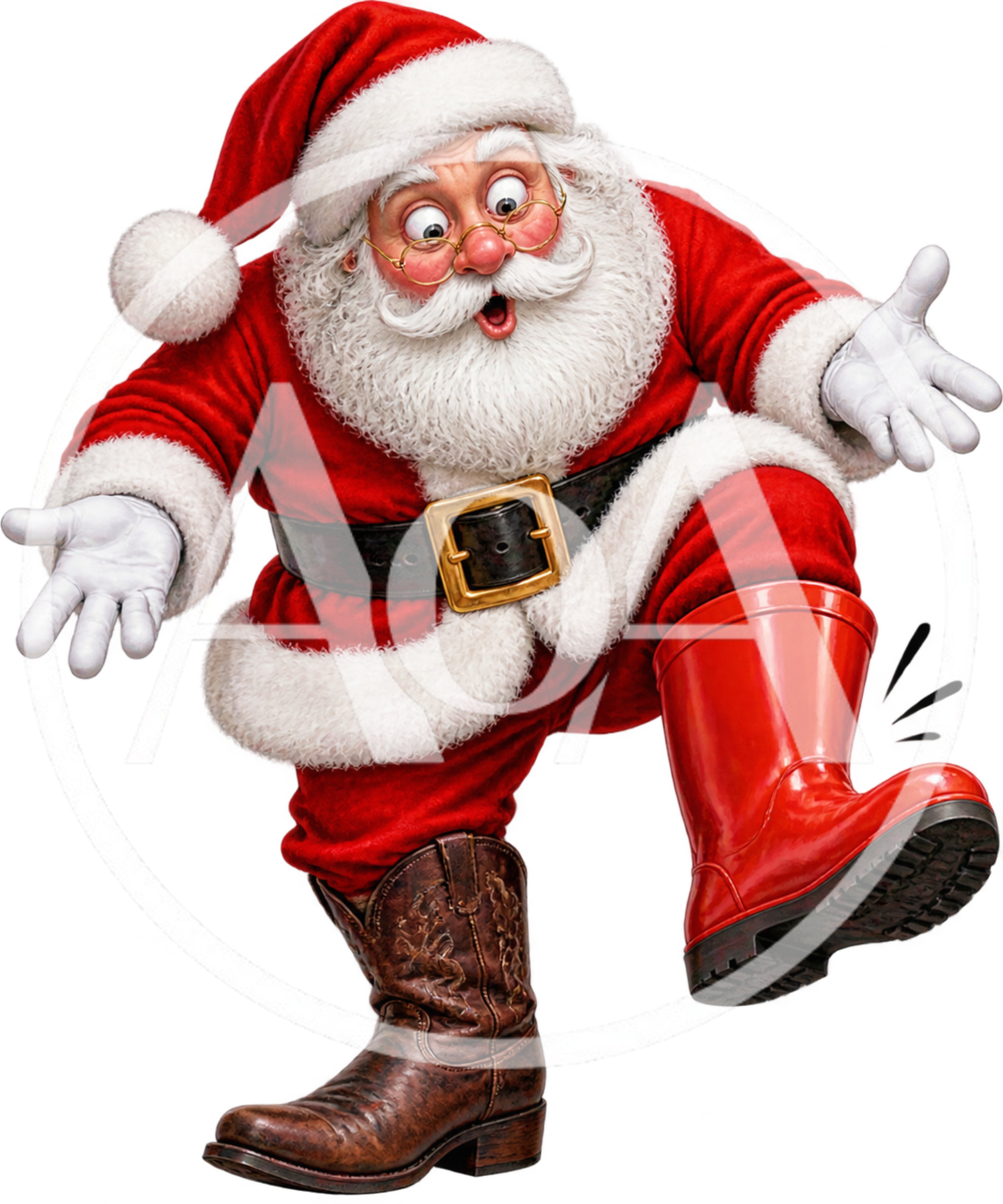 Surprised Santa Claus Wearing Mismatched Cowboy And Rain Boots