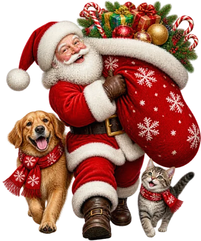 Santa Claus With Golden Retriever And Tabby Cat