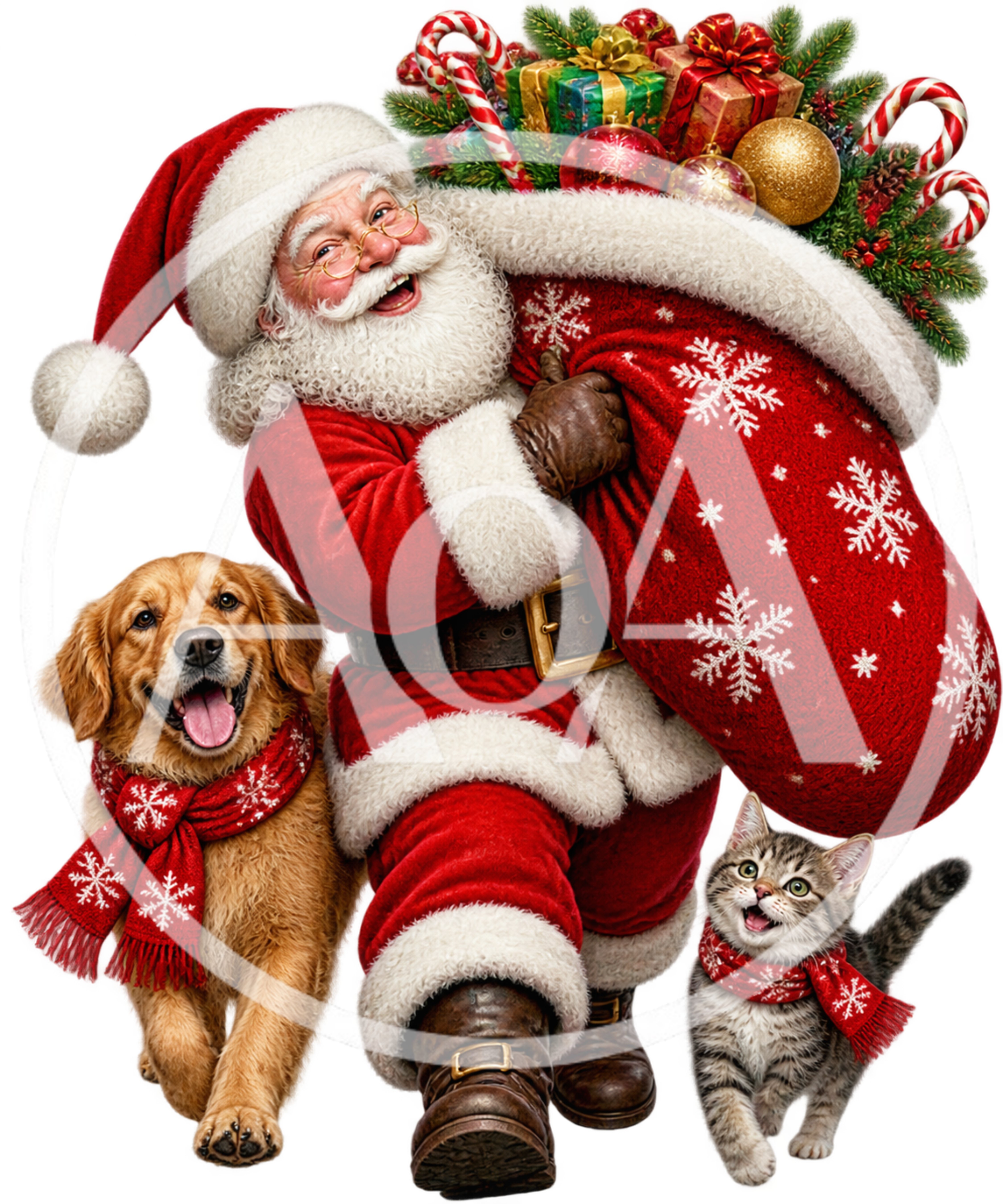 Santa Claus With Golden Retriever And Tabby Cat