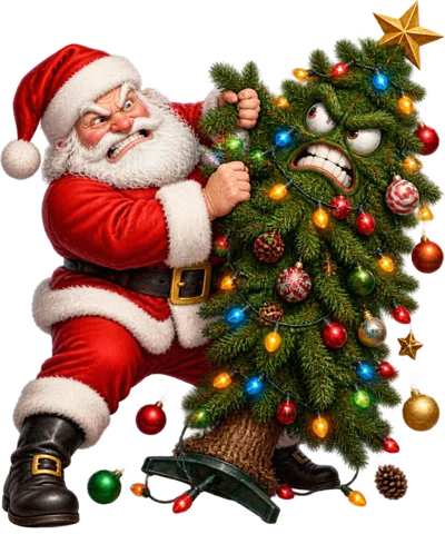 Angry Santa Claus Wrestling A Grumpy Christmas Tree