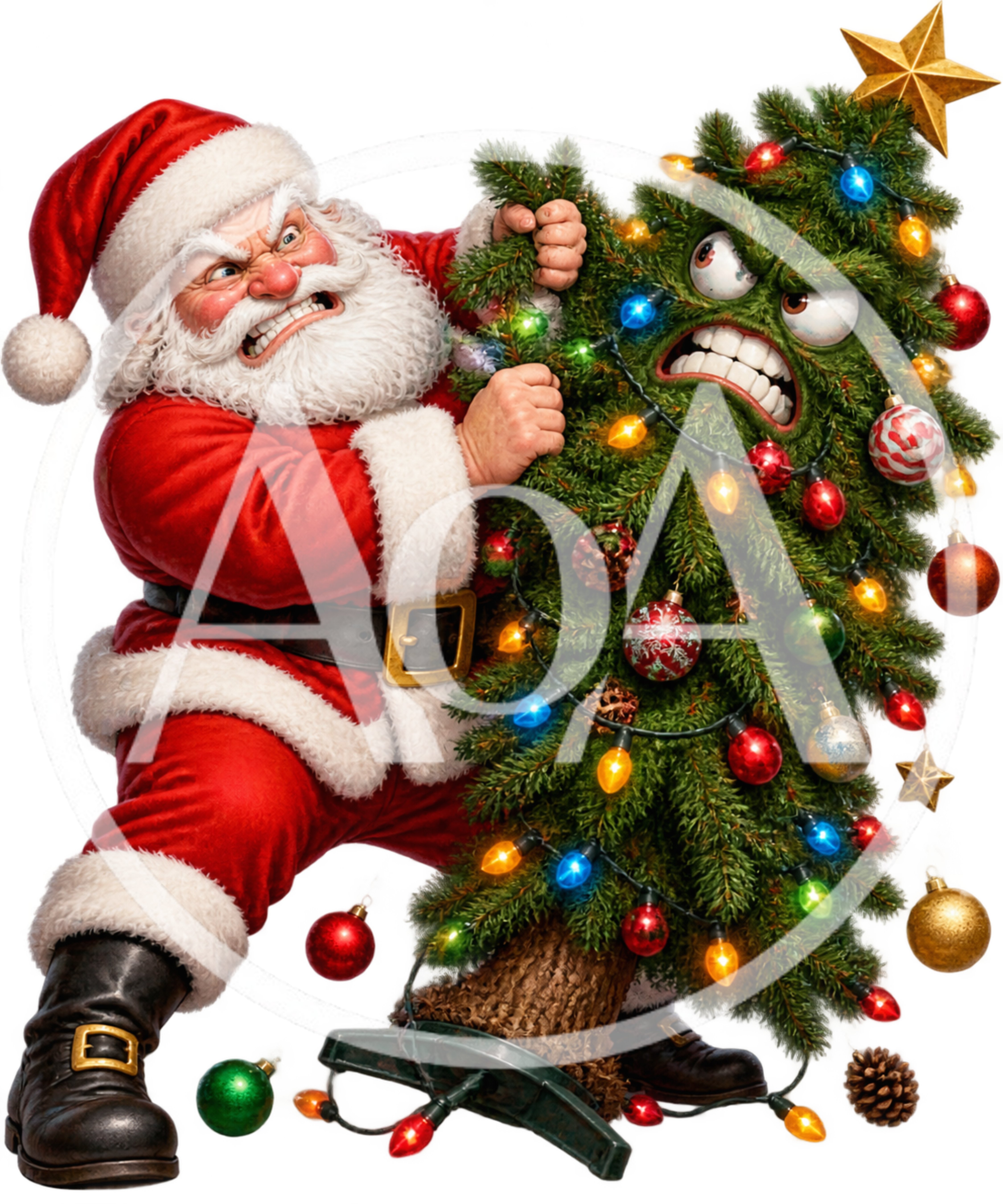 Angry Santa Claus Wrestling A Grumpy Christmas Tree