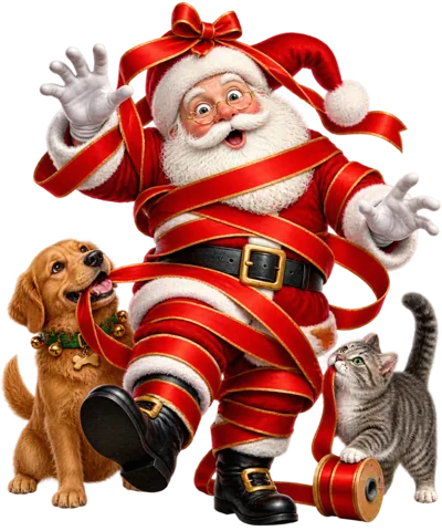 Santa Claus Tangled In Red Christmas Ribbon With Pets