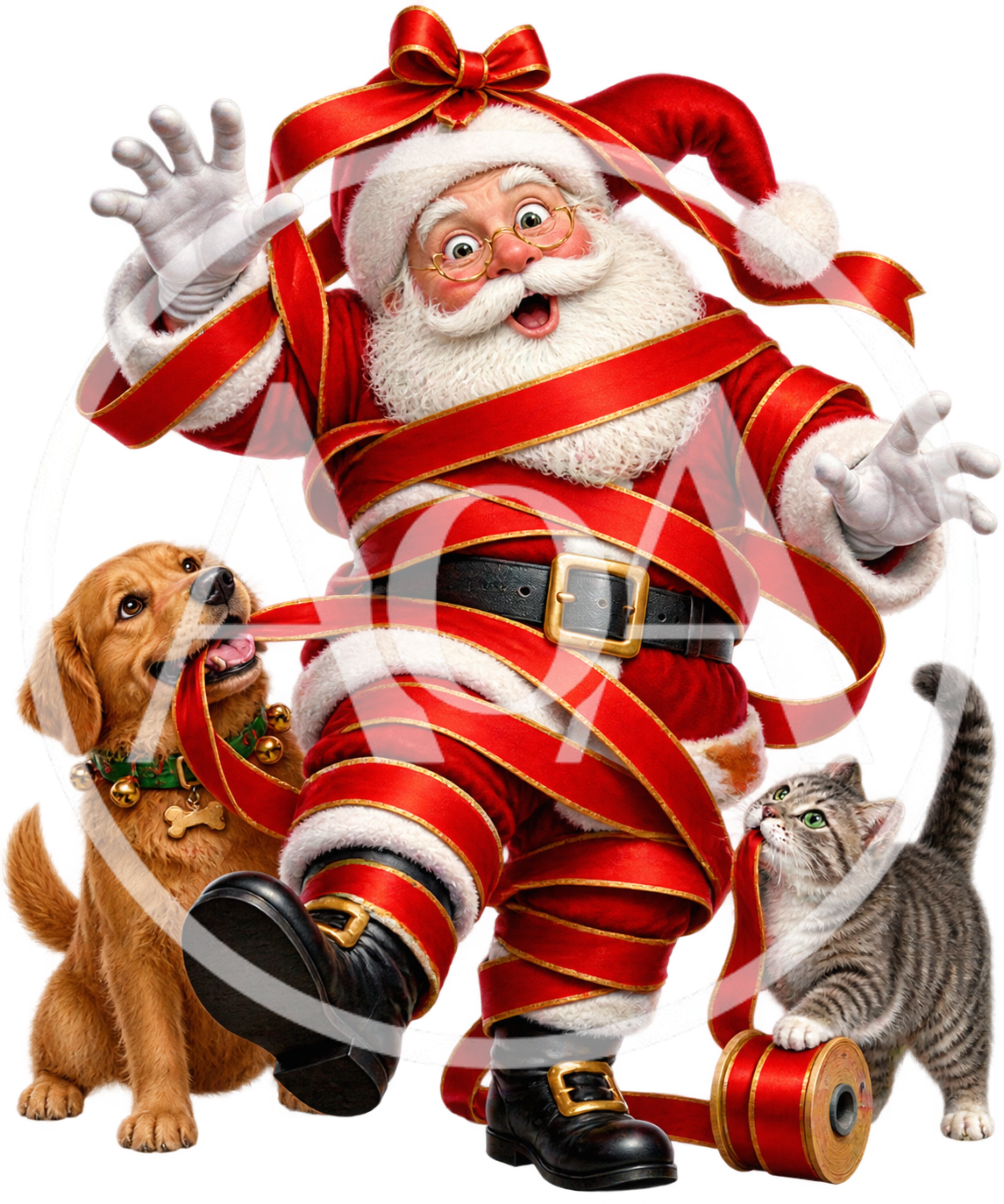Santa Claus Tangled In Red Christmas Ribbon With Pets