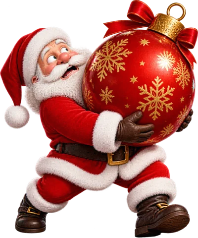 Santa Claus Holding A Large Red Christmas Ornament