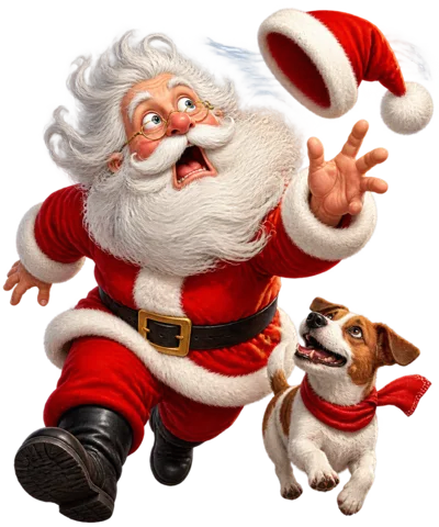 Santa Claus Chasing His Flying Hat With A Dog
