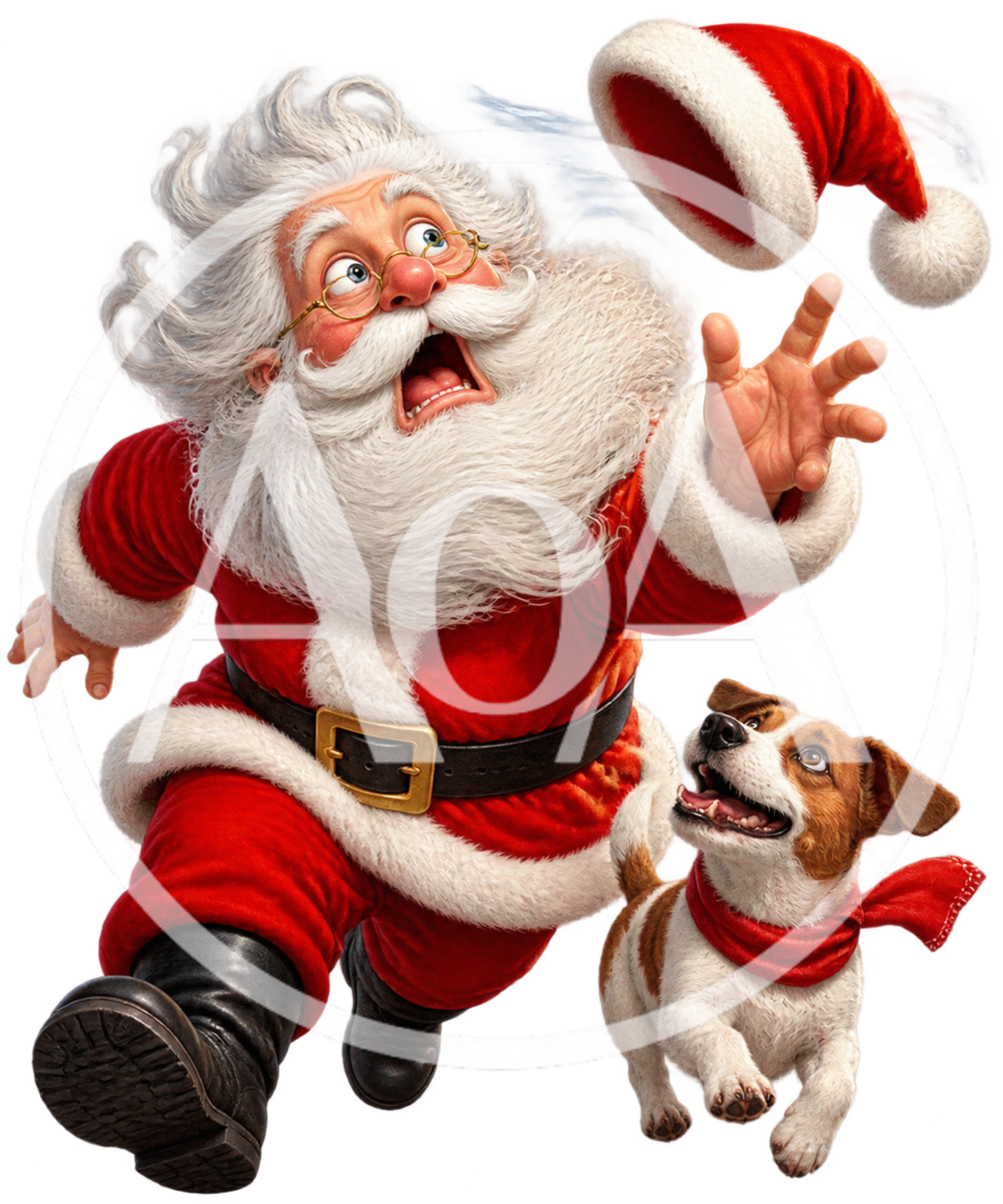 Santa Claus Chasing His Flying Hat With A Dog