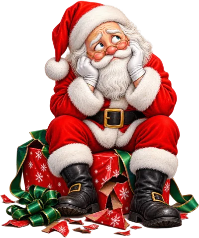 Pensive Santa Claus Sitting On A Christmas Gift
