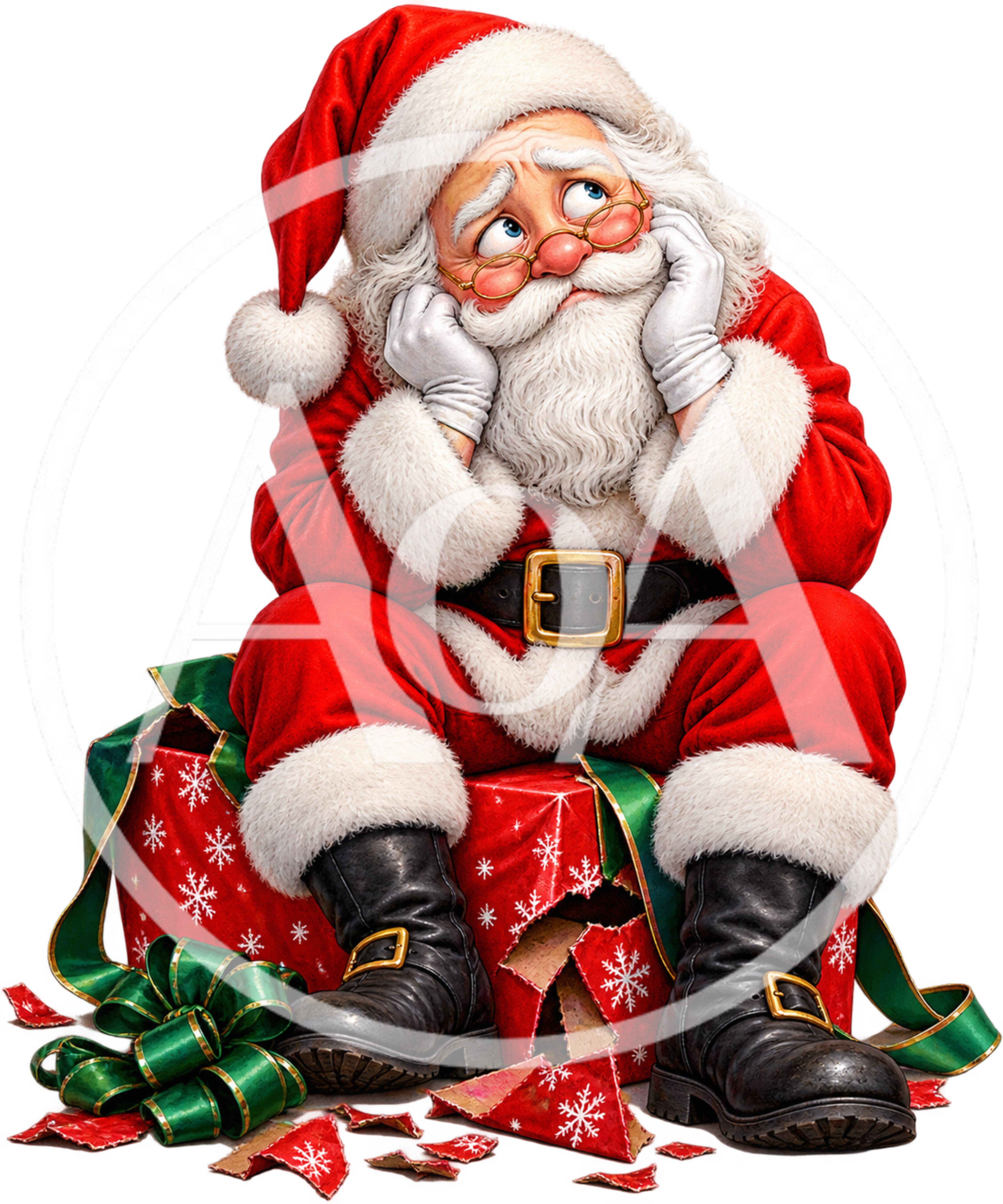 Pensive Santa Claus Sitting On A Christmas Gift