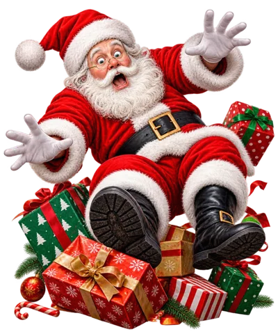 Surprised Santa Claus Falling Into A Pile Of Gifts