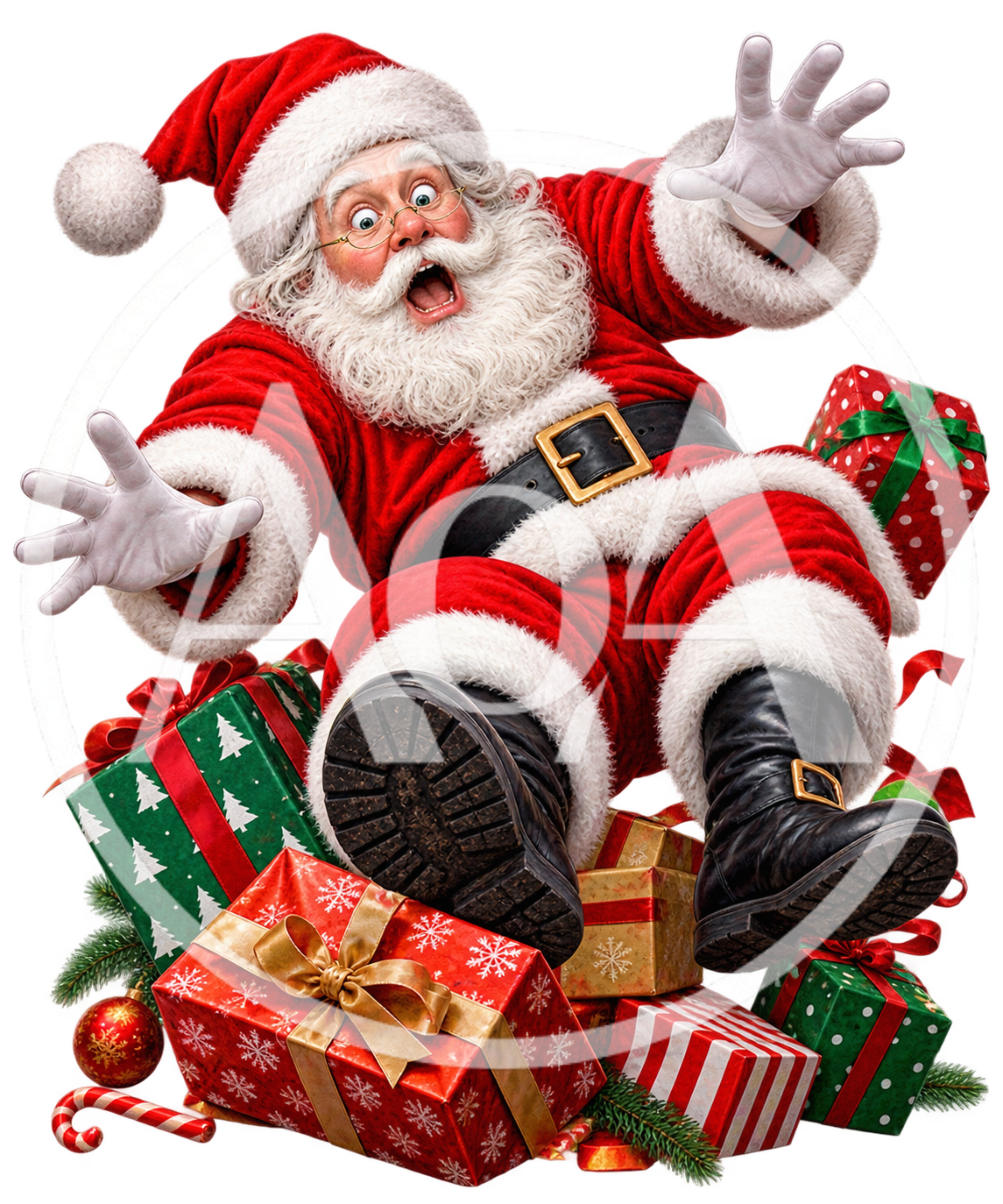 Surprised Santa Claus Falling Into A Pile Of Gifts