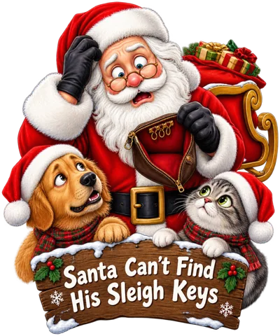 Santa Claus Looking For His Sleigh Keys With Pets