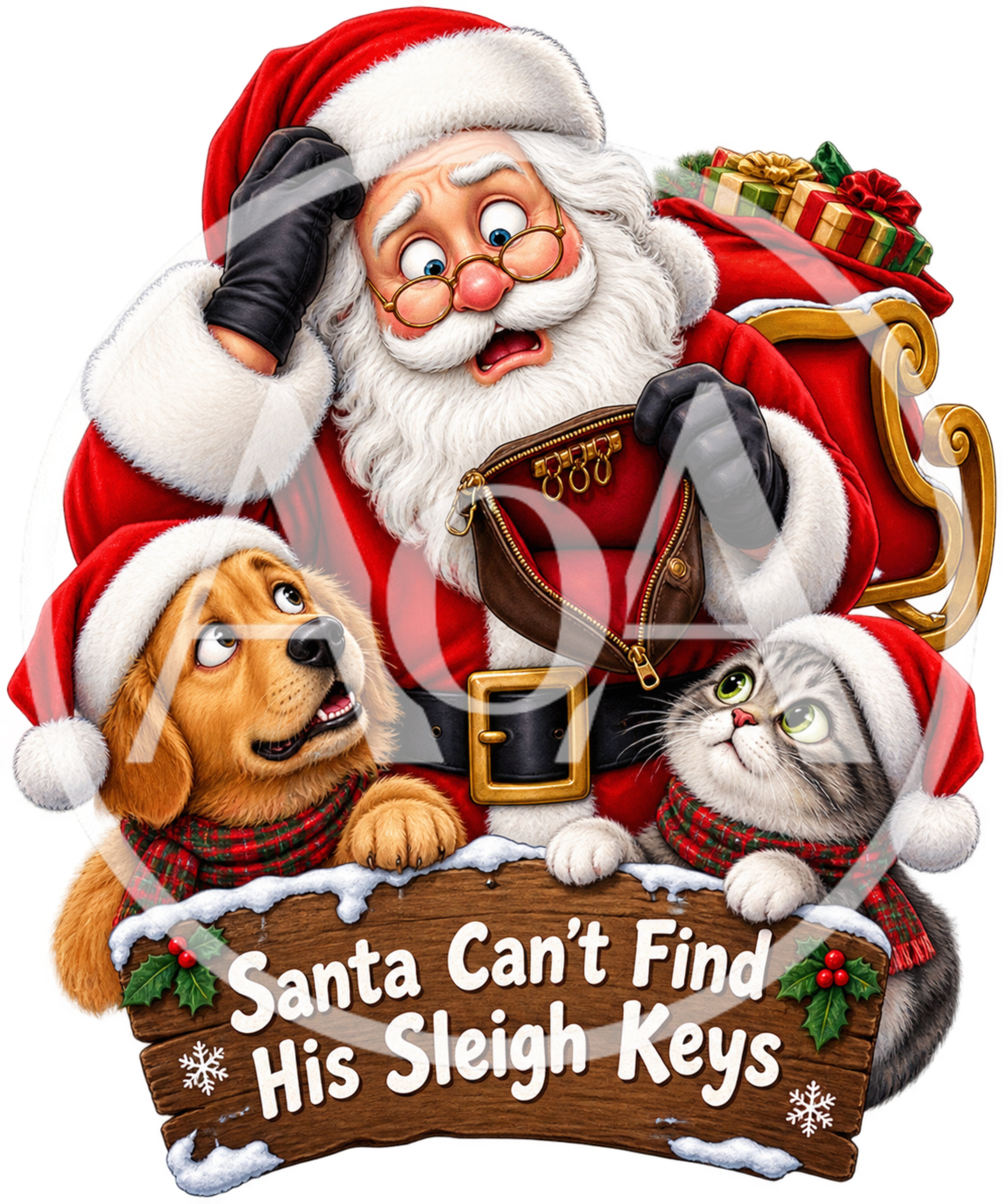 Santa Claus Looking For His Sleigh Keys With Pets