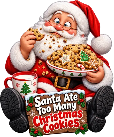 Santa Claus Eating Cookies With Milk And Sign