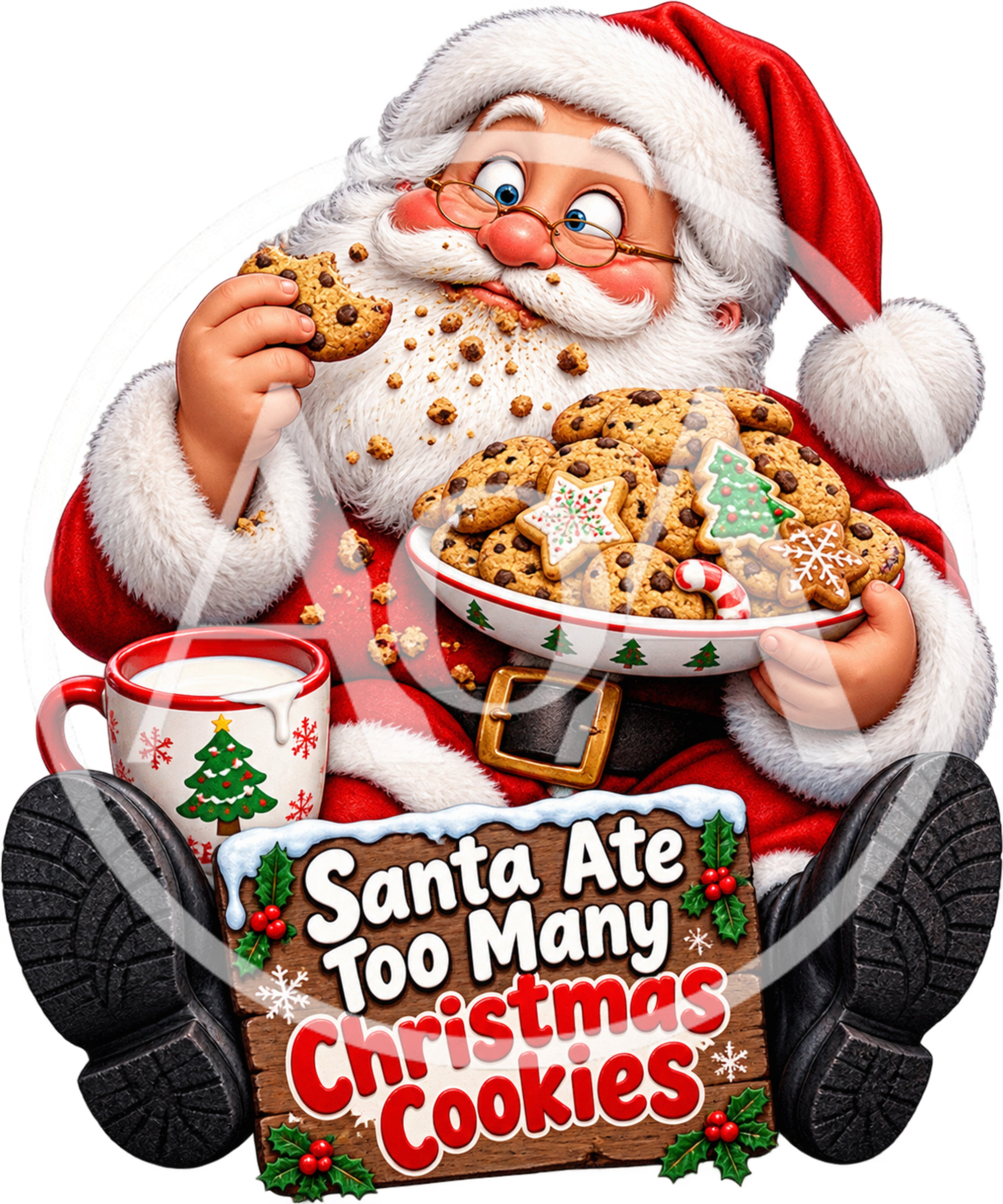 Santa Claus Eating Cookies With Milk And Sign
