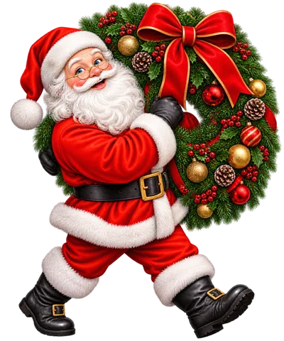 Cheerful Santa Claus Carrying A Decorated Christmas Wreath