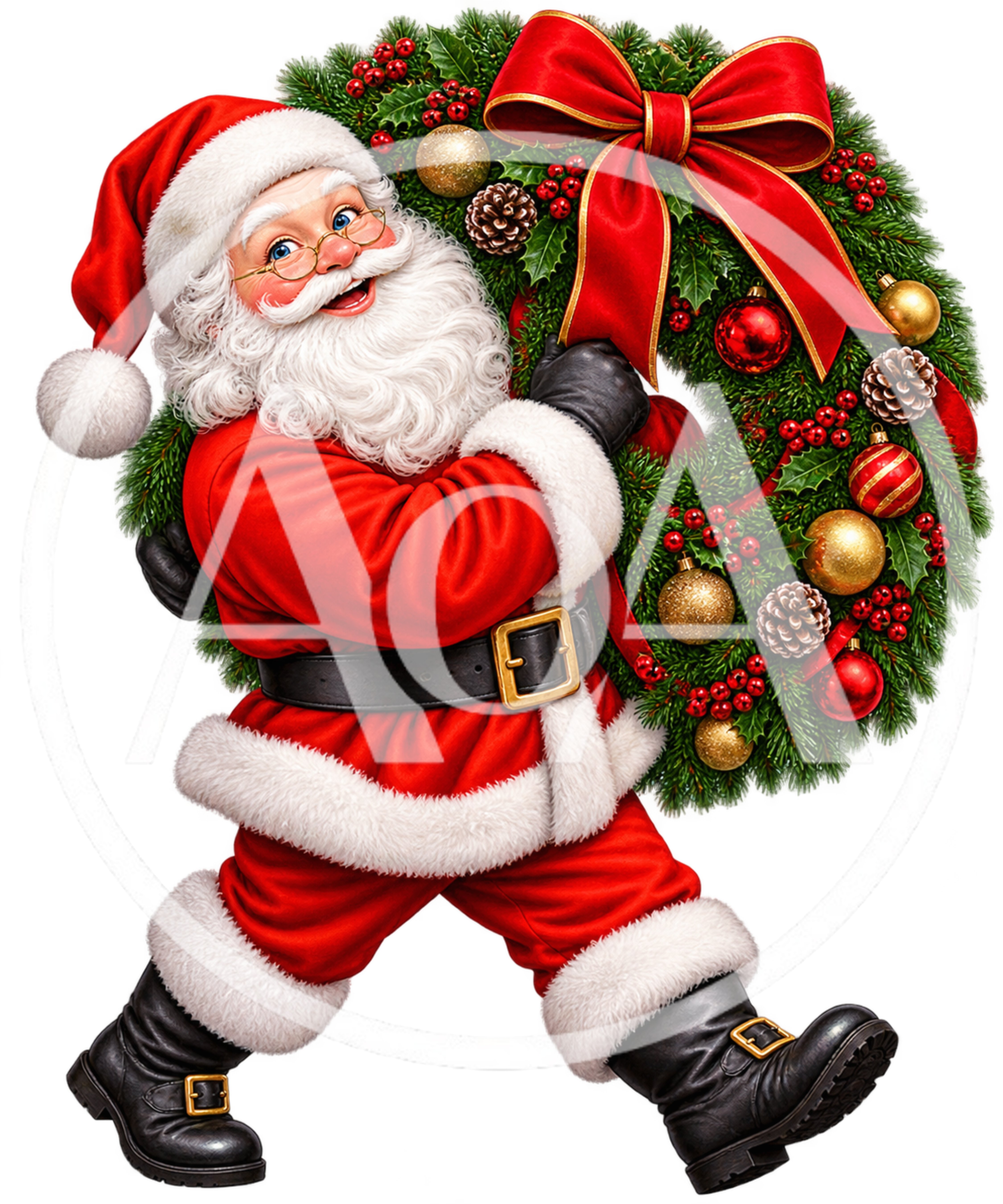 Cheerful Santa Claus Carrying A Decorated Christmas Wreath