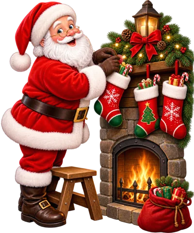 Santa Claus Hanging Christmas Stockings By The Fireplace
