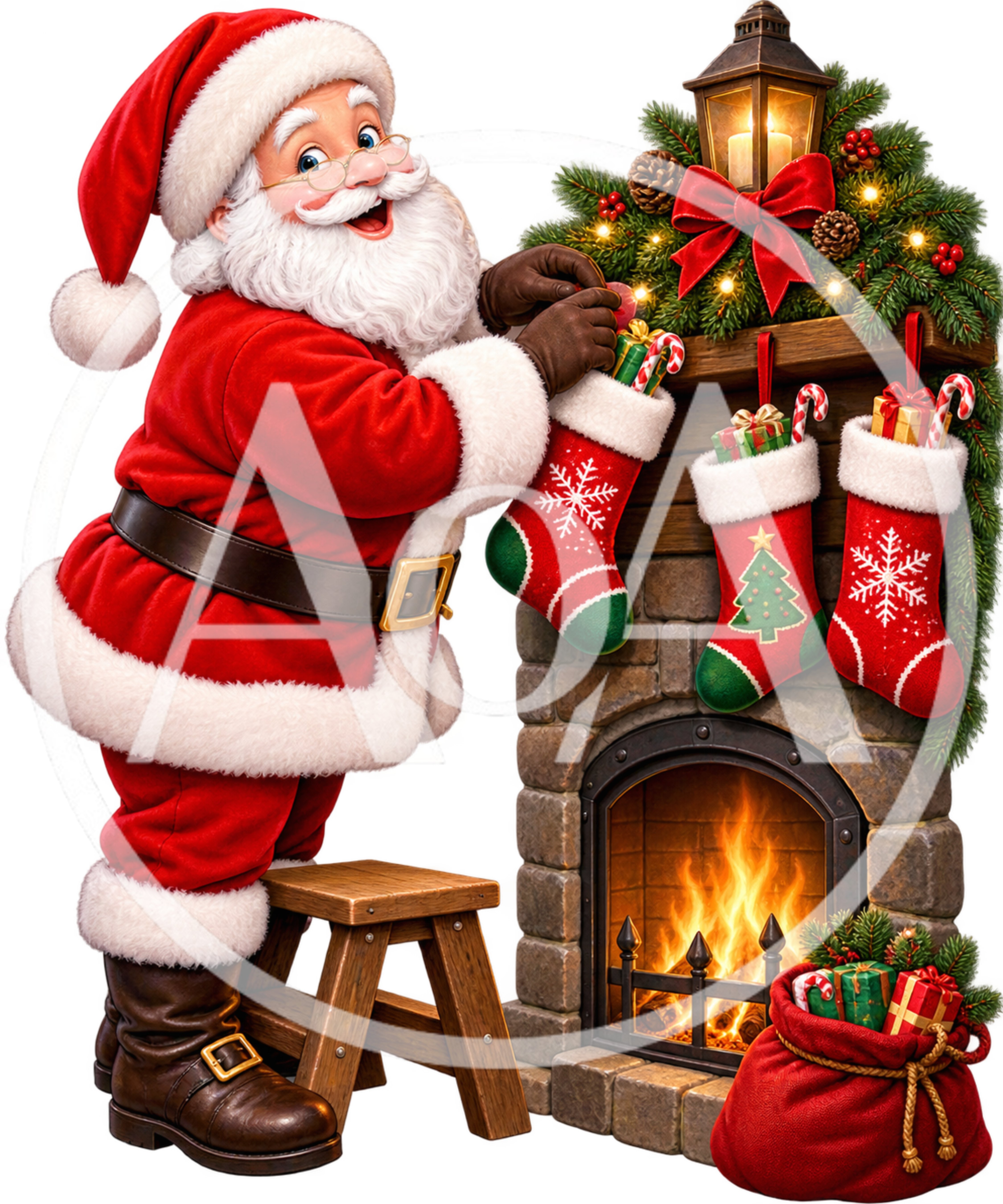 Santa Claus Hanging Christmas Stockings By The Fireplace