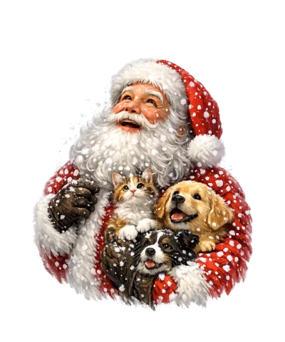 Santa Claus Holding A Kitten And Two Puppies