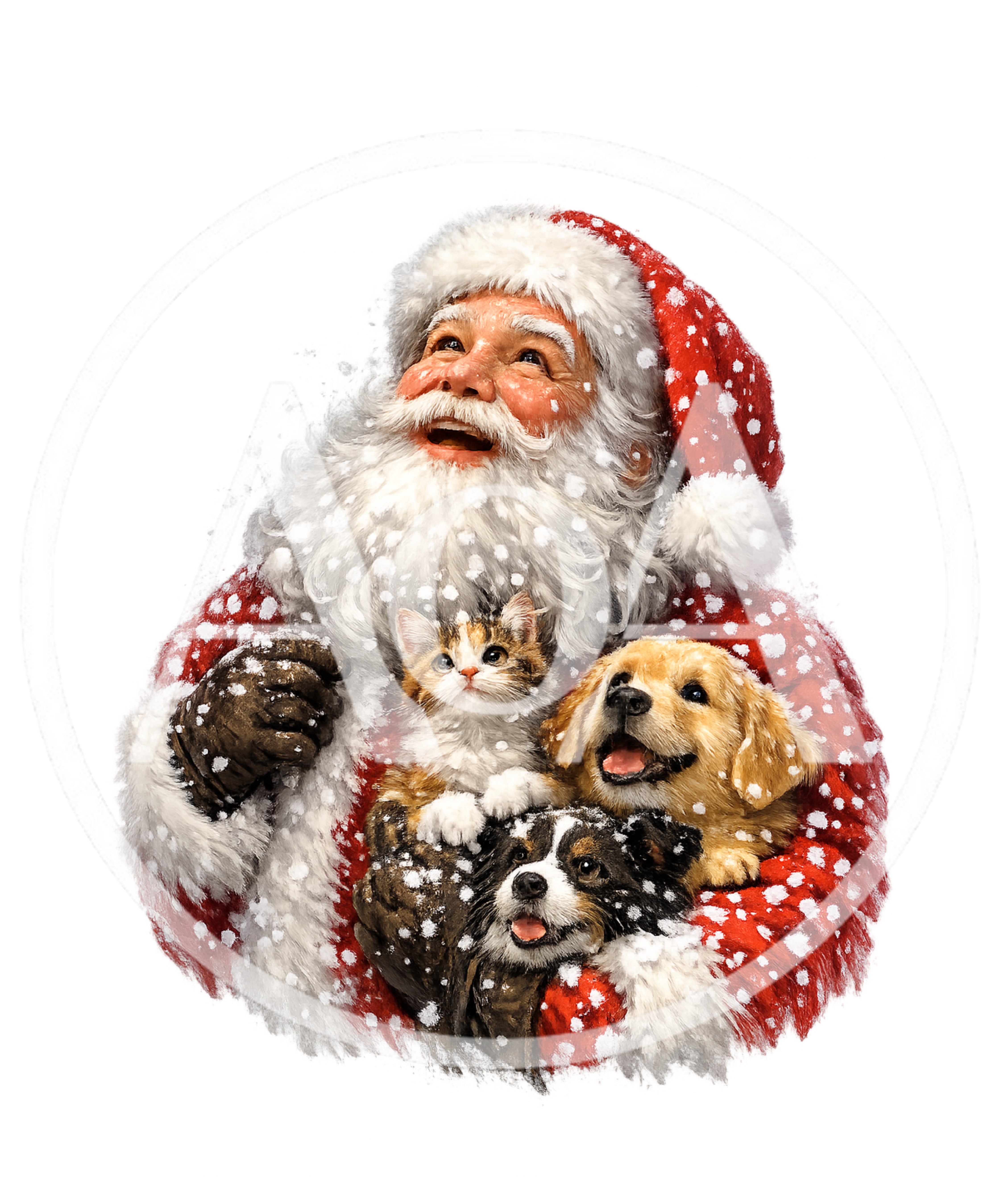 Santa Claus Holding A Kitten And Two Puppies
