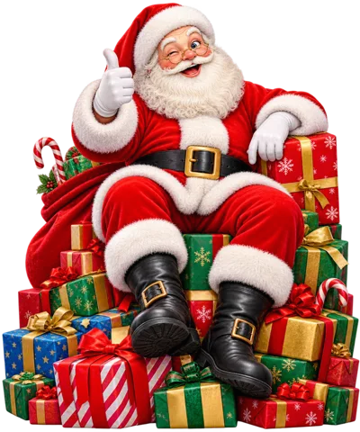 Cheerful Santa Claus Sitting On A Pile Of Gifts