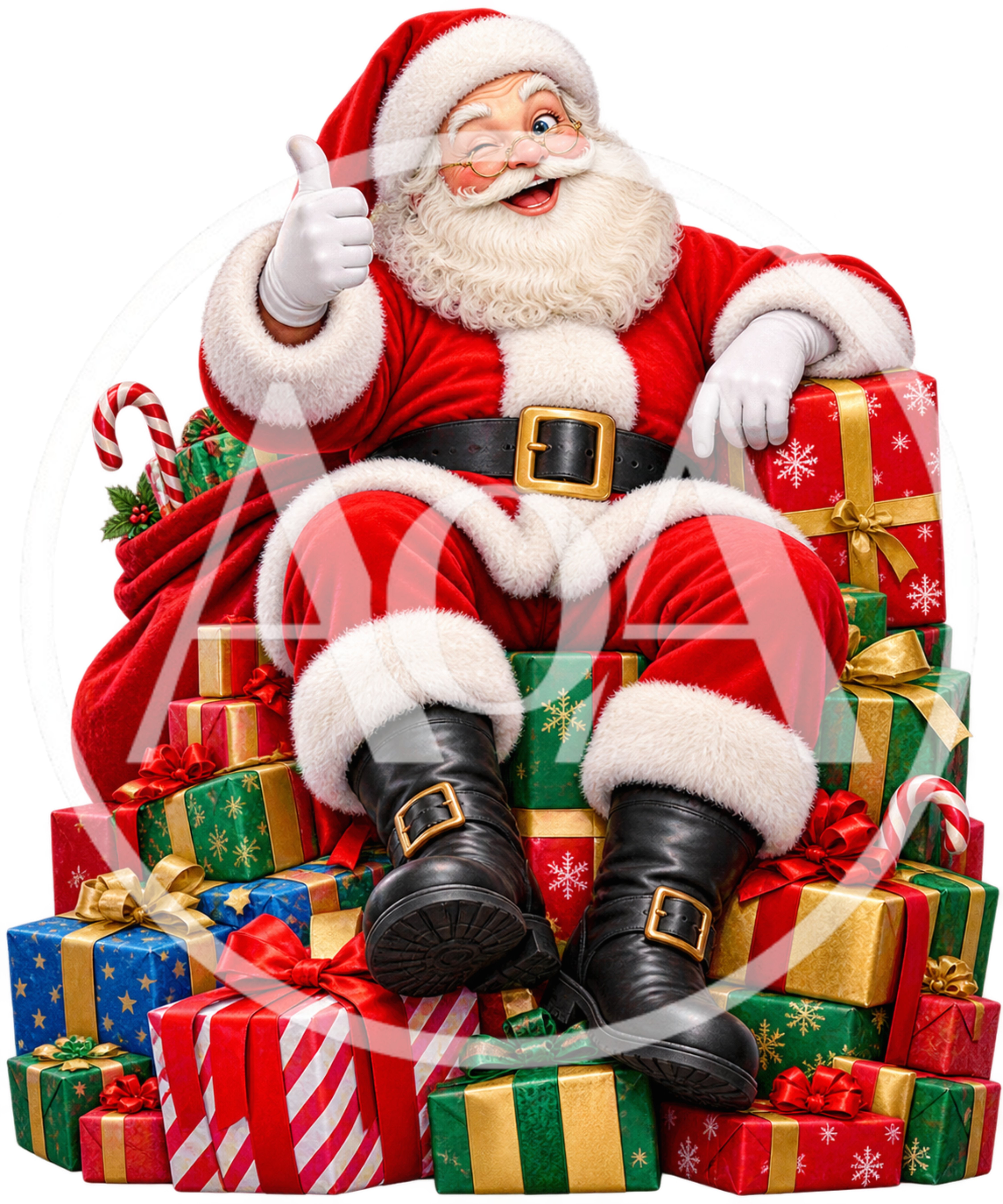 Cheerful Santa Claus Sitting On A Pile Of Gifts