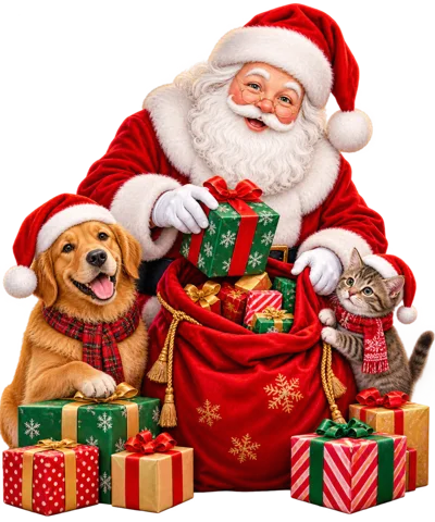 Santa Claus With Golden Retriever And Kitten And Gifts