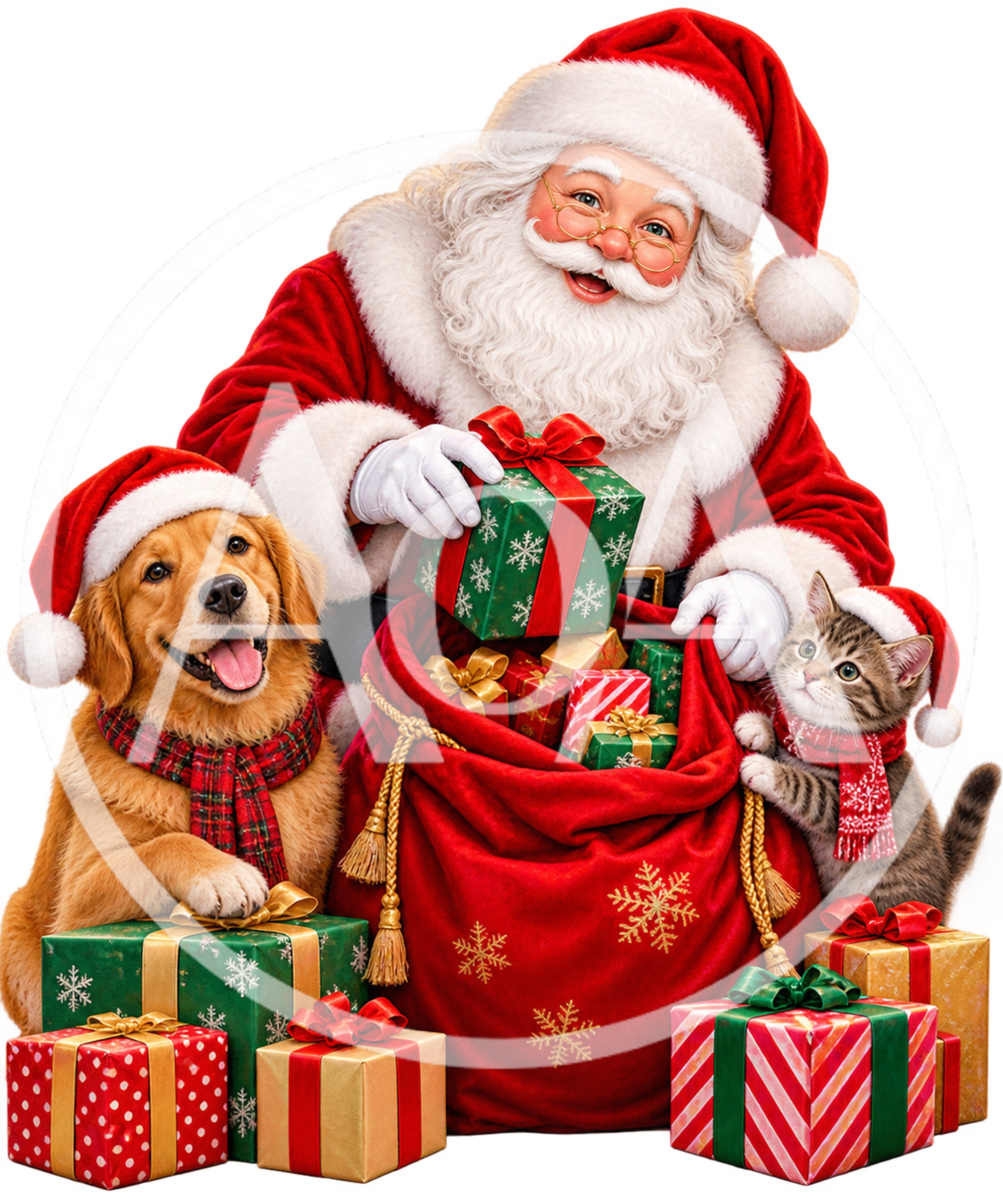 Santa Claus With Golden Retriever And Kitten And Gifts