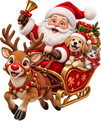 Santa Claus Riding Sleigh With Reindeer Puppy And Kitten