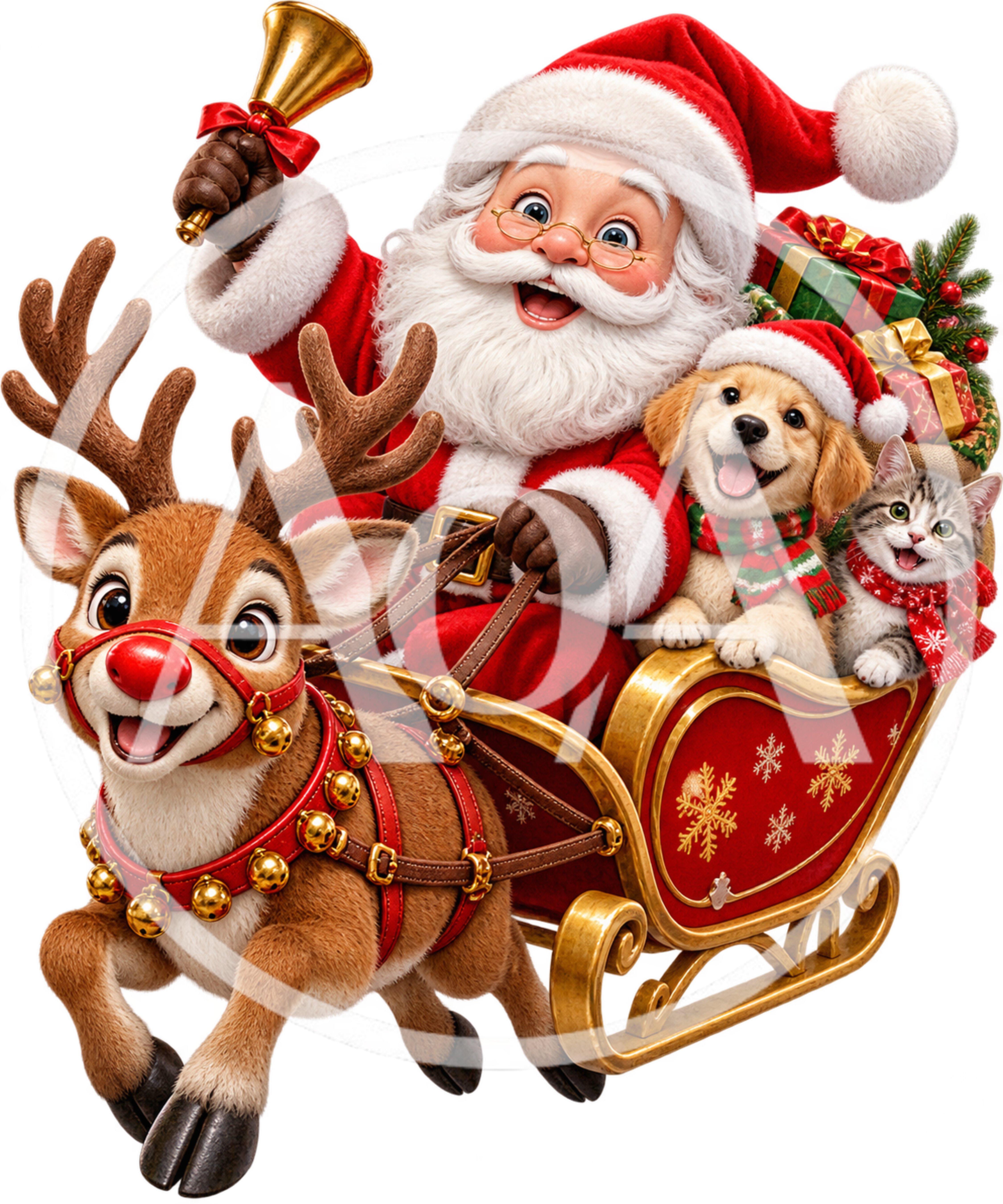 Santa Claus Riding Sleigh With Reindeer Puppy And Kitten