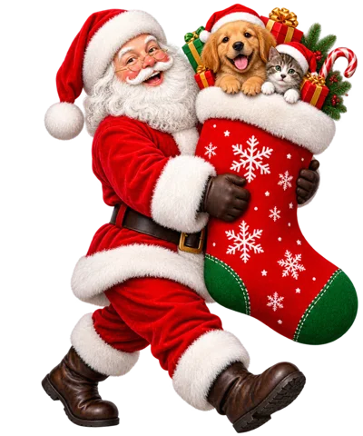 Santa Claus Carrying A Christmas Stocking With Pets