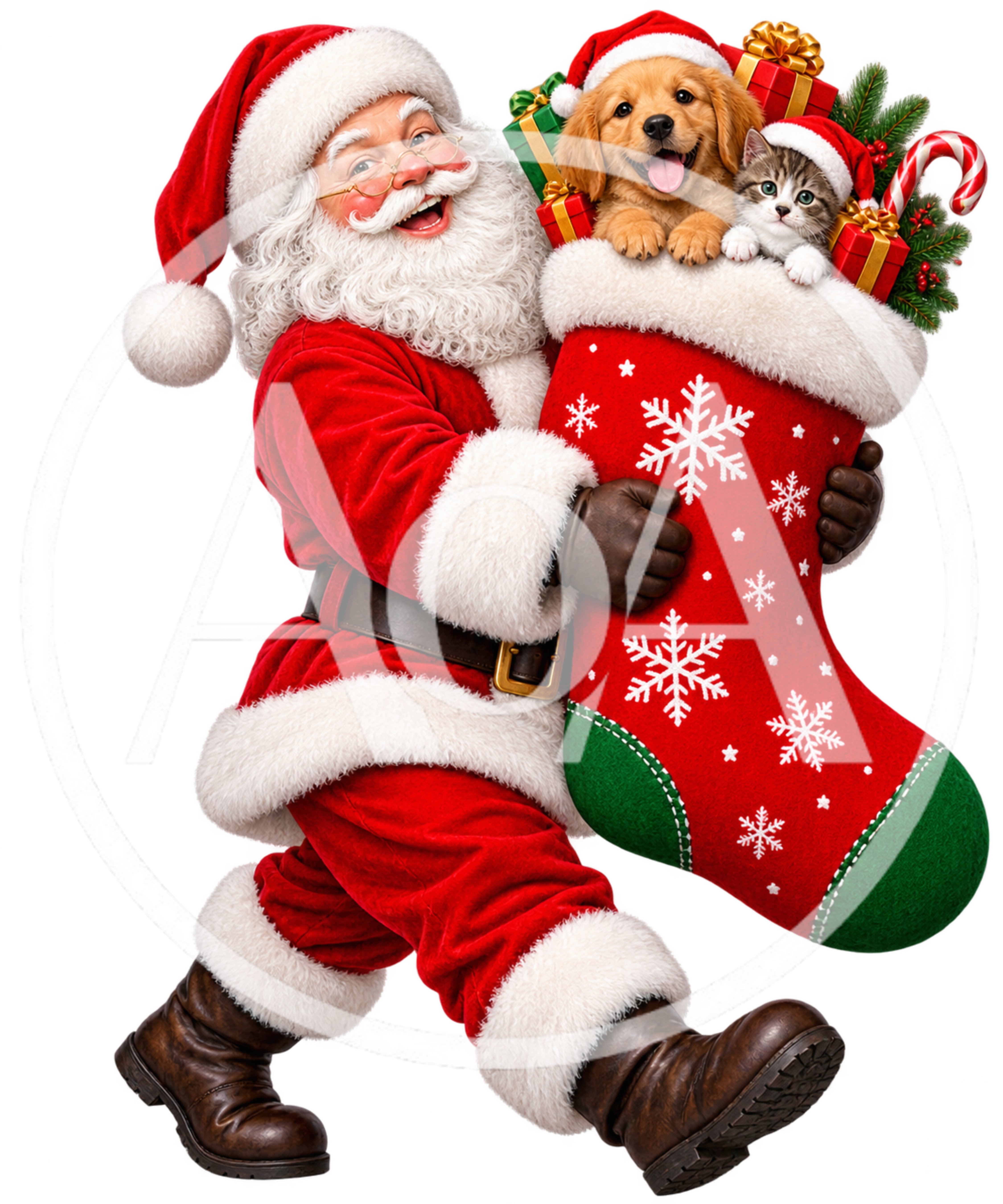 Santa Claus Carrying A Christmas Stocking With Pets