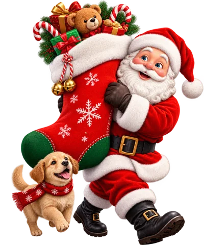 Santa Claus Carrying Christmas Stocking With Puppy