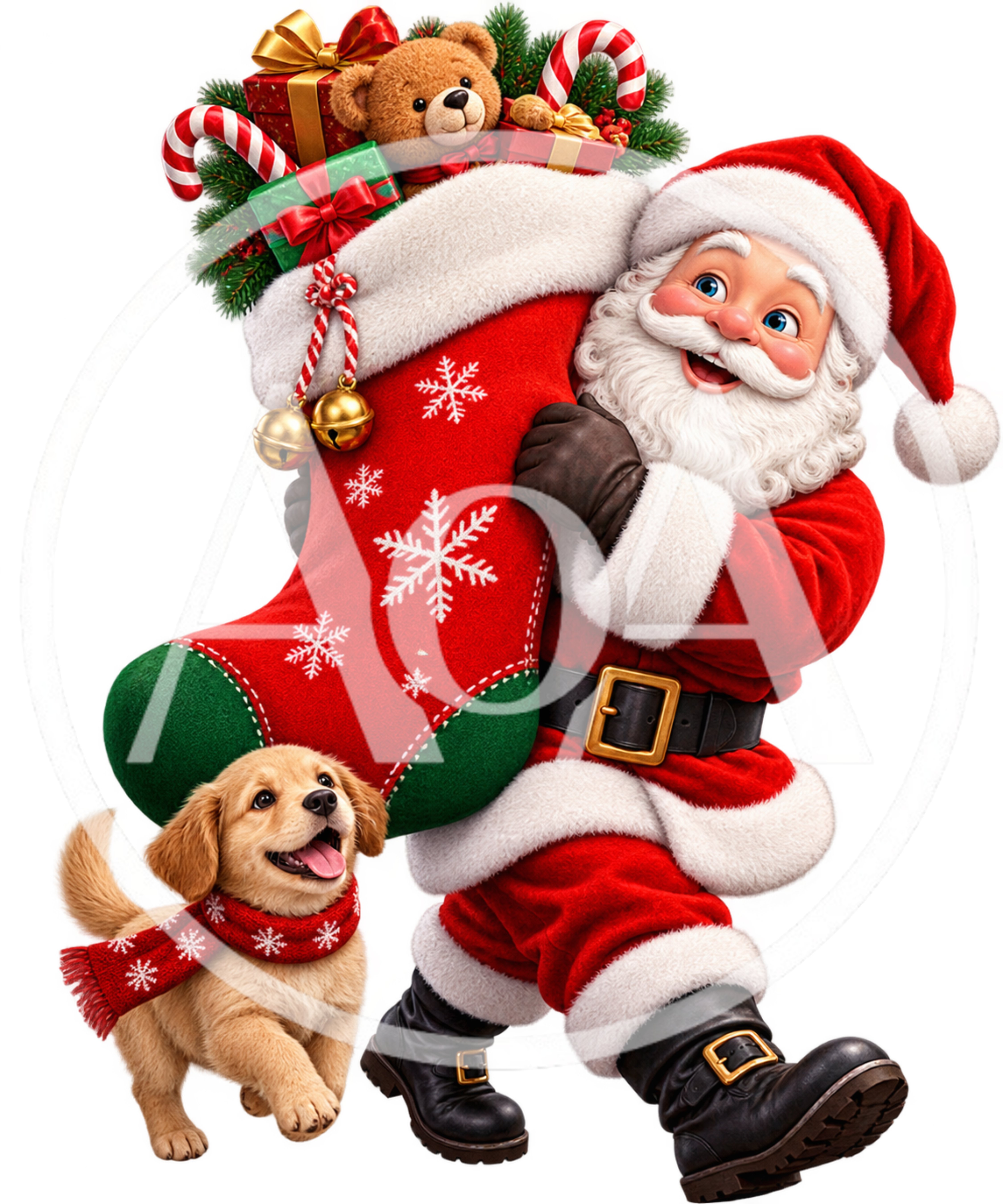 Santa Claus Carrying Christmas Stocking With Puppy